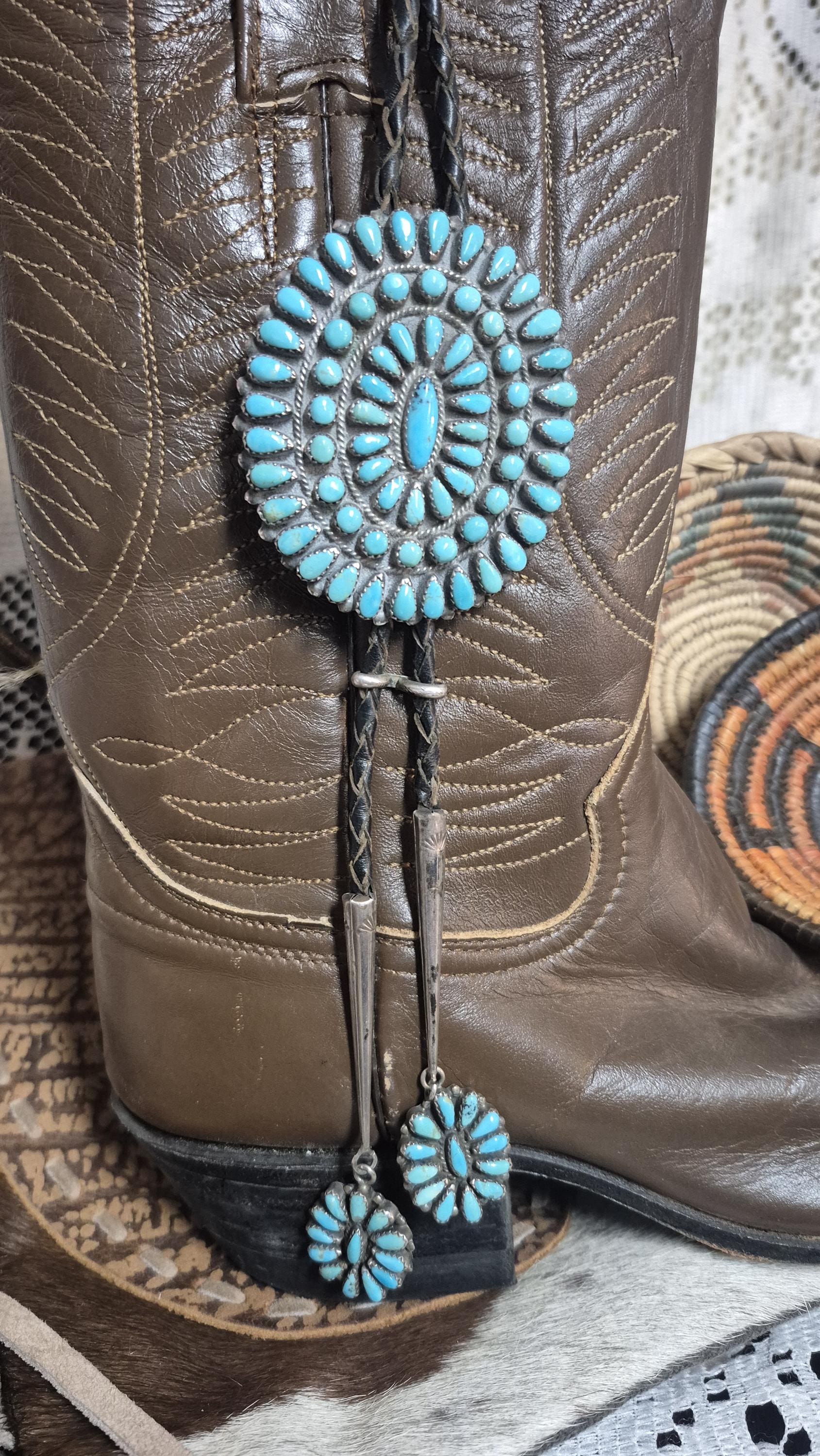 Vintage Zuni Turquoise Cluster Bolo Tie – Sterling Silver, Signed G.A.B ...