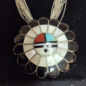 Handmade Vintage Zuni Sunface Pendant on Liquid Silver Strand Beads (38.6 grams)