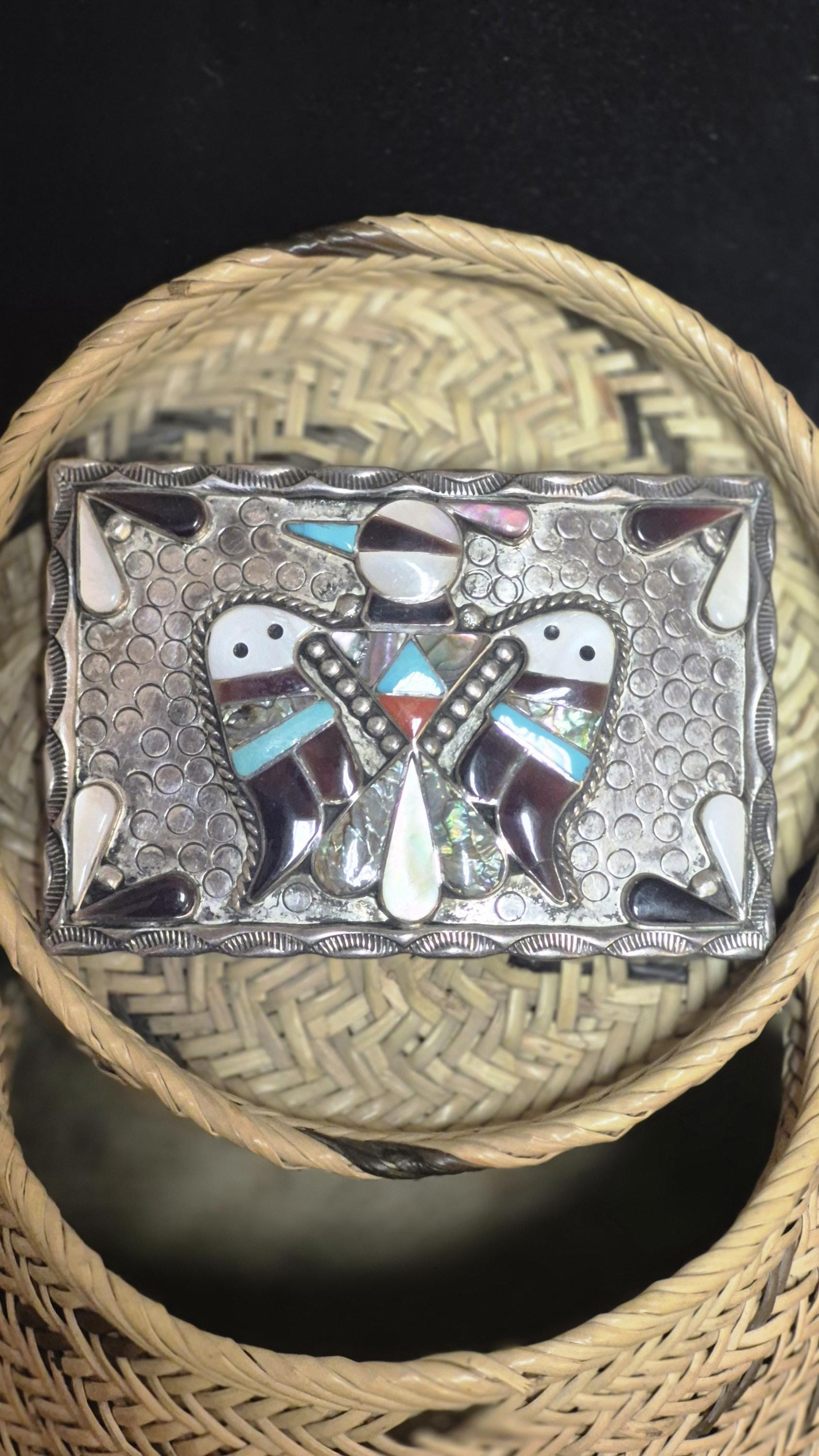1980s BOBBY & CORRAINE SHACK Zuni Sterling Silver Inlay Thunderbird Belt Buckle Vintage Zuni Thunderbird Belt Buckle by Bobby & Corraine  main image 3