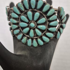 Handmade Authentic Zuni Petit Point Turquoise and Sterling Silver Cuff signed &quot;S&quot;