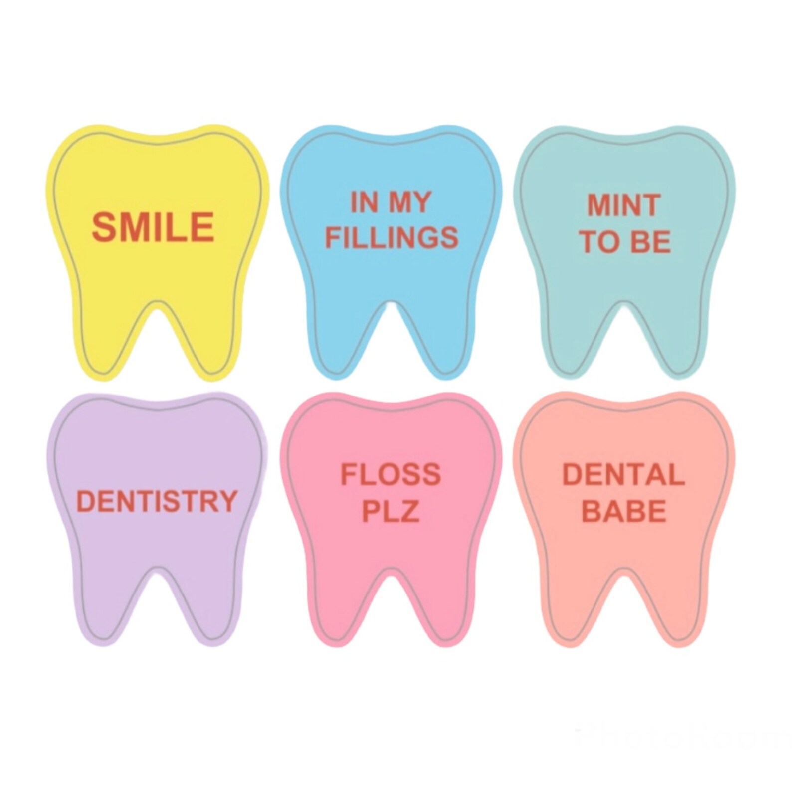 Candy Tooth Sticker Sheets. Conversation Heart Themed Dental Tooth
