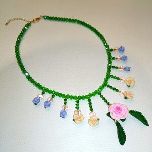 Sterling Silver, Crystal & Cold Porcelain Rose Necklace