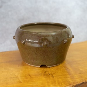 May include: A brown ceramic planter with a rounded shape and a textured surface. The planter has a drainage hole and a series of small bumps around the rim.