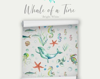 Whale of a Time Eco Wallpaper in Bright White