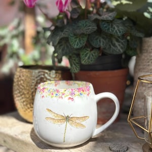 Dragonfly mug, Wild Summer & Dragonfly Hug Mug, Fine China, Hand painted Artwork, vintage mug, As Seen on ITV Love your Weekend