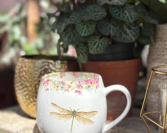 Dragonfly mug, Wild Summer & Dragonfly Hug Mug, Fine China, Hand painted Artwork, vintage mug, As Seen on ITV Love your Weekend