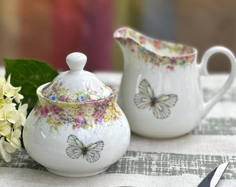 Hand-Painted Floral Milk Jug & Sugar Pot Set - Wild Summer Butterfly Design