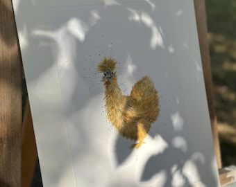 Silkie chicken cockerel watercolour design Giclee print with dappled edges A4