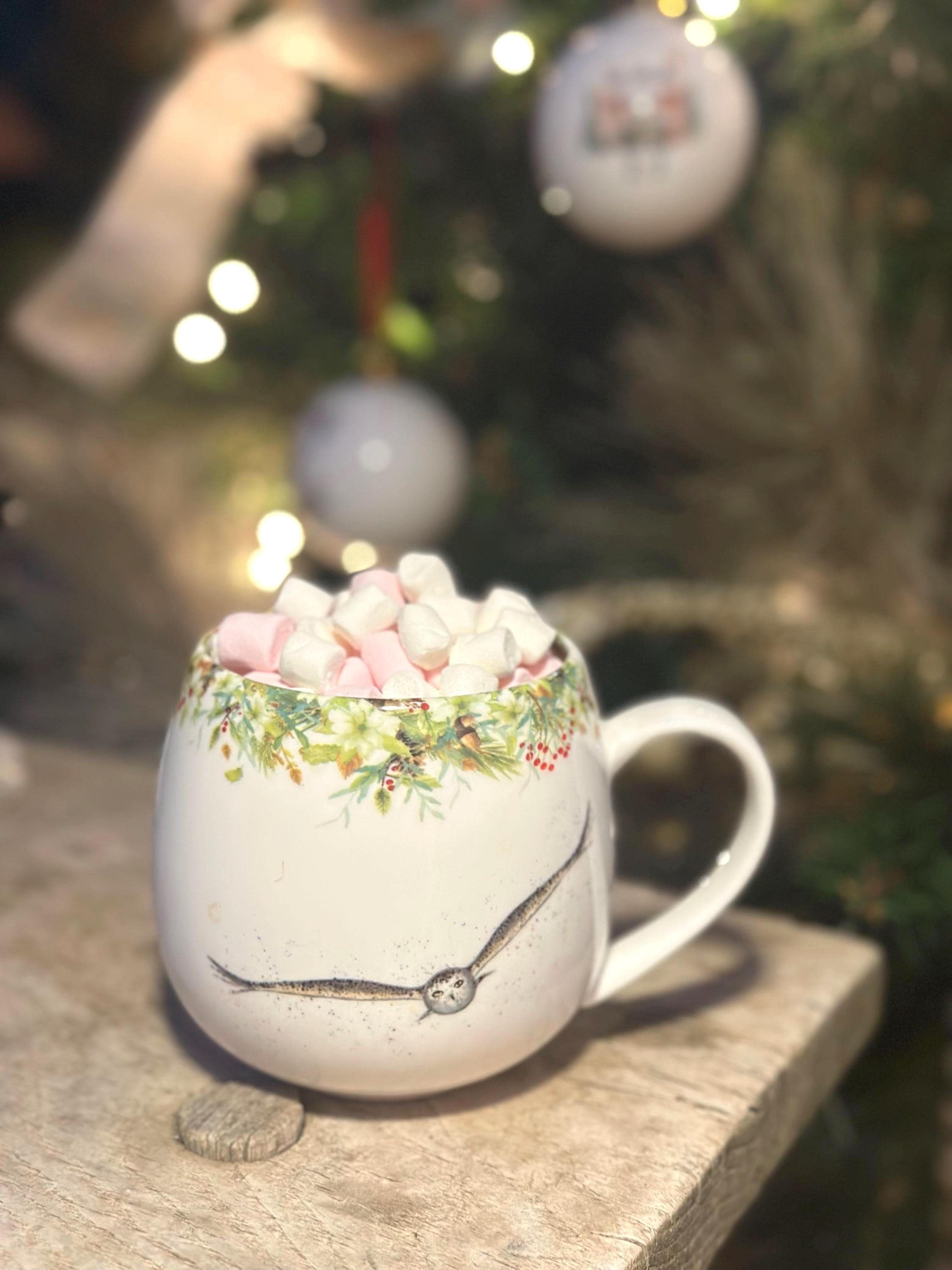 Snowy Owl Mug: Hand-Painted Fine China, Winter Wreath Design