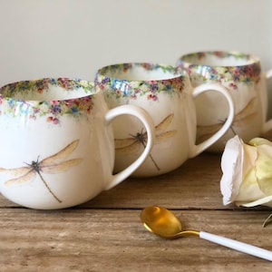 Dragonfly mug, Wild Summer & Dragonfly Hug Mug, Fine China, Hand painted Artwork, vintage mug, As Seen on ITV Love your Weekend image 5