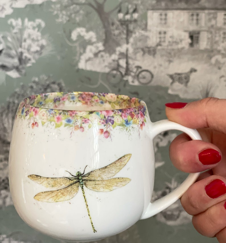 Dragonfly mug, Wild Summer & Dragonfly Hug Mug, Fine China, Hand painted Artwork, vintage mug, As Seen on ITV Love your Weekend image 3