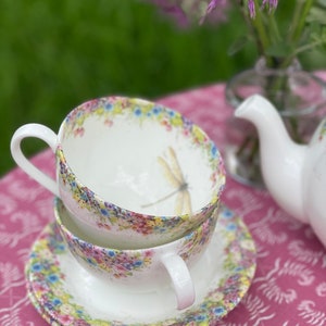 Vintage Fine China Cup and Saucer,  wild Summer and Dragonfly.
