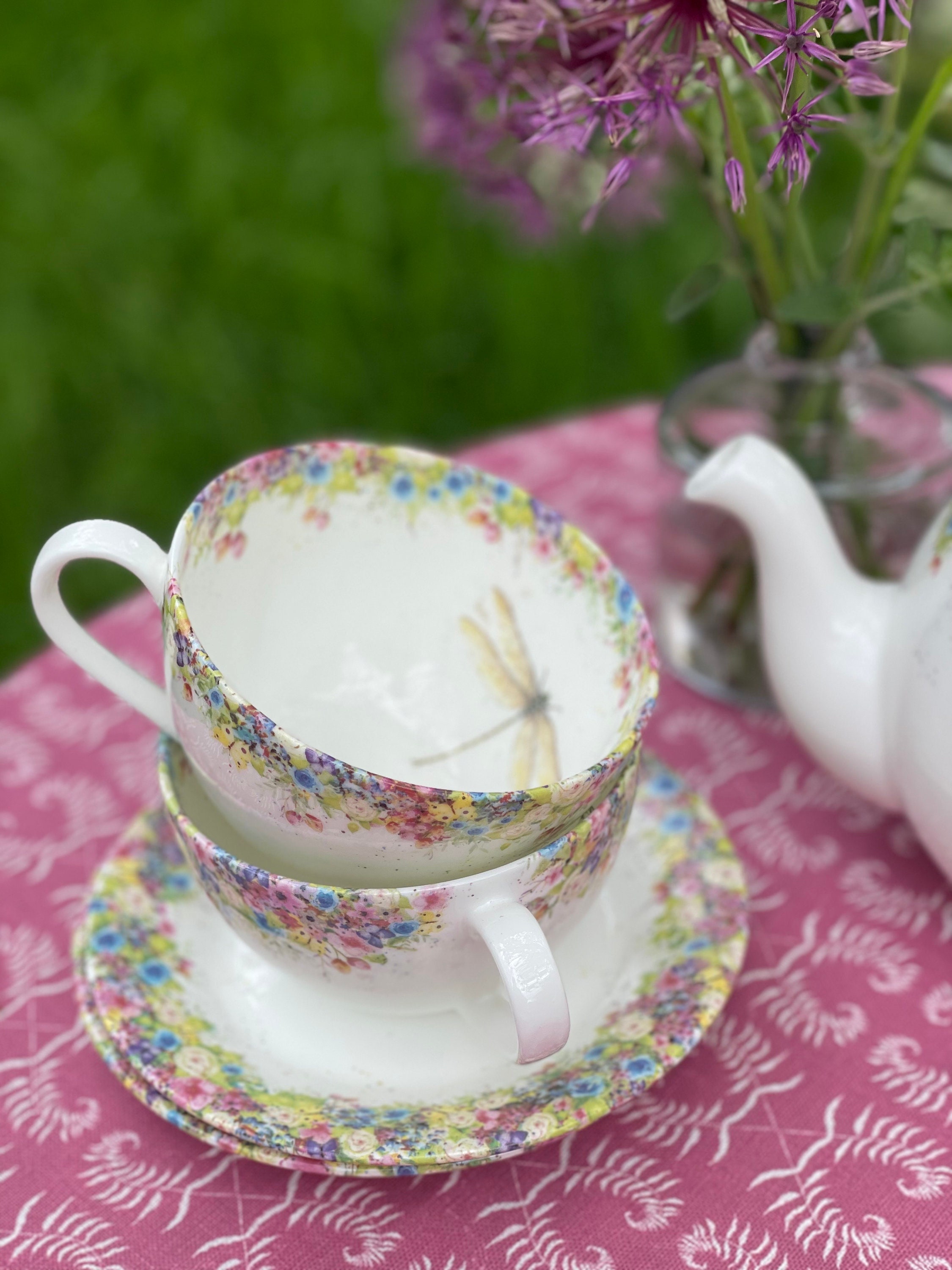 Sparkle and Bash Set of 6 Vintage Floral Tea Cups and Saucers for Tea Party  Supplies, Blue, Pink, 8oz