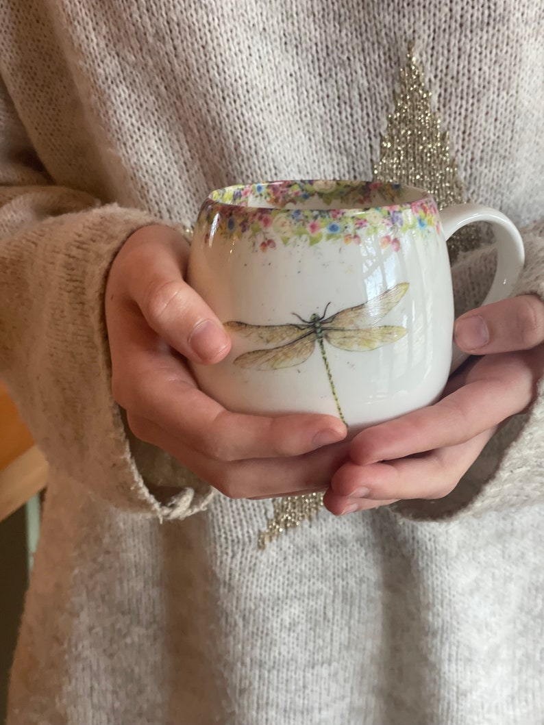 Dragonfly mug, Wild Summer & Dragonfly Hug Mug, Fine China, Hand painted Artwork, vintage mug, As Seen on ITV Love your Weekend image 2