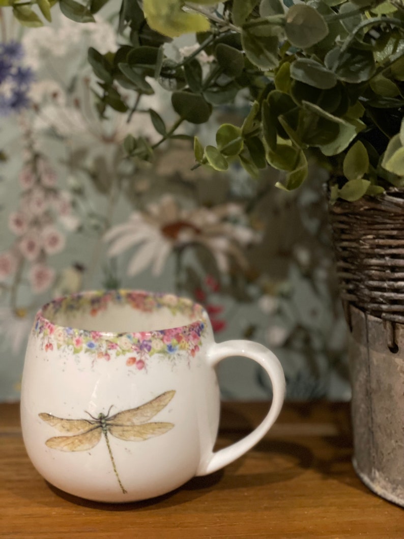 Dragonfly mug, Wild Summer & Dragonfly Hug Mug, Fine China, Hand painted Artwork, vintage mug, As Seen on ITV Love your Weekend image 6
