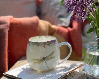 Dragonfly mug, Wild Summer & Dragonfly Hug Mug, Fine China, Hand painted Artwork, vintage mug, As Seen on ITV Love your Weekend