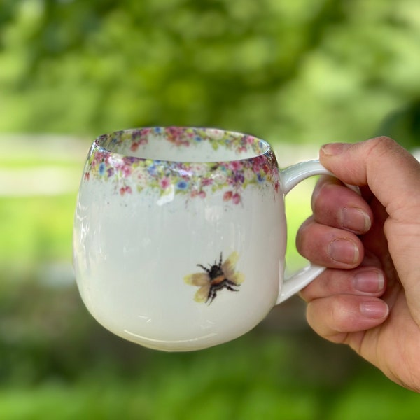 Bee mug, Beautiful hand painted florals. Wild Summer & Bumblebee, Fine China Hug Mug