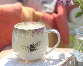 Bee Mug, Wild Summer and Bee fine china mug, Vintage Hand painted Artwork, As Seen on ITV Love your Weekend