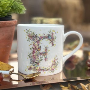 Floral Letter E Mug: Hand-Painted Fine China, Wild Summer Alphabet