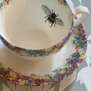 Vintage summer floral, water colour painting, fine china cup and saucer. Wild Summer and Bee Cup and Saucer image 2