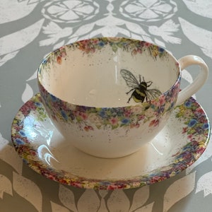 Vintage summer floral, water colour painting, fine china cup and saucer. Wild Summer and Bee Cup and Saucer image 1