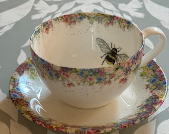 Vintage summer floral, water colour painting, fine china cup and saucer. Wild Summer and Bee Cup and Saucer