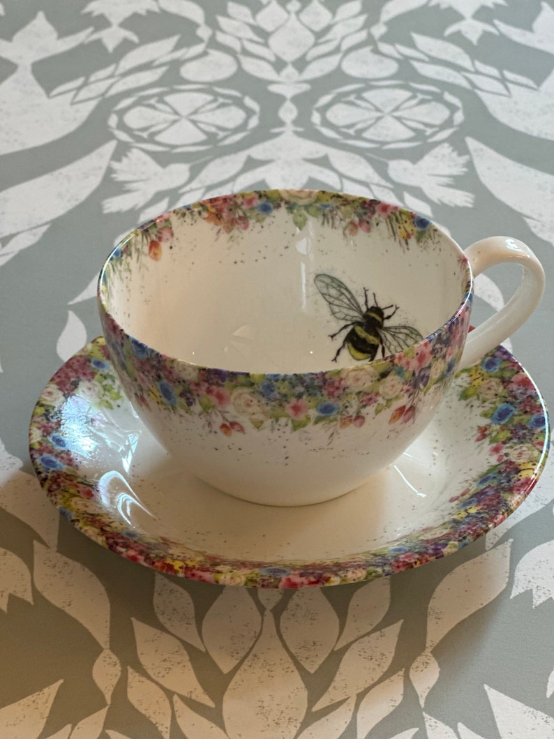 Vintage summer floral, water colour painting, fine china cup and saucer. Wild Summer and Bee Cup and Saucer image 1