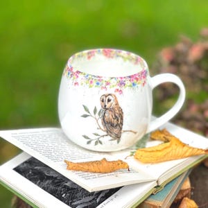 Barn Owl Mug, Floral Watercolor, Hand-Decorated Fine China