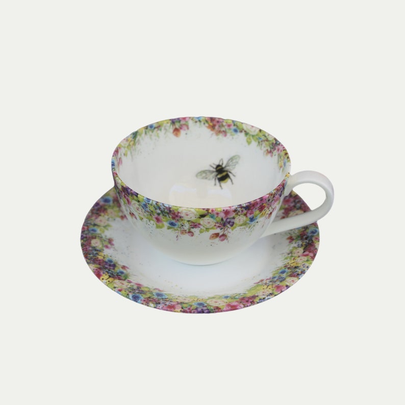 Vintage summer floral, water colour painting, fine china cup and saucer. Wild Summer and Bee Cup and Saucer image 3