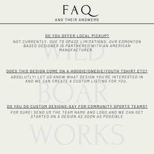 May include: A cream-colored graphic with the text "FAQ AND THEIR ANSWERS." The text answers questions about local pickup, design availability on various apparel, and custom design options for sports teams. The words "WILD," "BOAR," and "WORKS" are also visible.