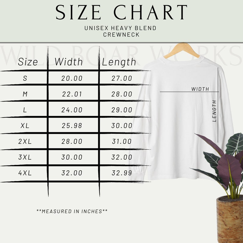 May include: A white unisex heavy blend crewneck long-sleeve shirt hangs on a wooden hanger. The image includes a size chart with measurements in inches for sizes S through 4XL. The chart shows the width and length of the shirts.