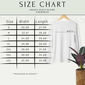 May include: White unisex heavy blend crewneck with a size chart. The chart displays sizes S to 4XL, with corresponding width and length measurements in inches. The text "MEASURED IN INCHES" is at the bottom.