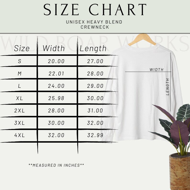 May include: White unisex heavy blend crewneck with a size chart. The chart displays sizes S to 4XL, with corresponding width and length measurements in inches. The text "MEASURED IN INCHES" is at the bottom.