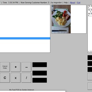 May include: A grey point-of-sale (POS) system interface displays a food order. The screen shows menu items, including Ham Potatoe, and a total of £7.95. A photo of a plate of food is also visible. The date and time are displayed.
