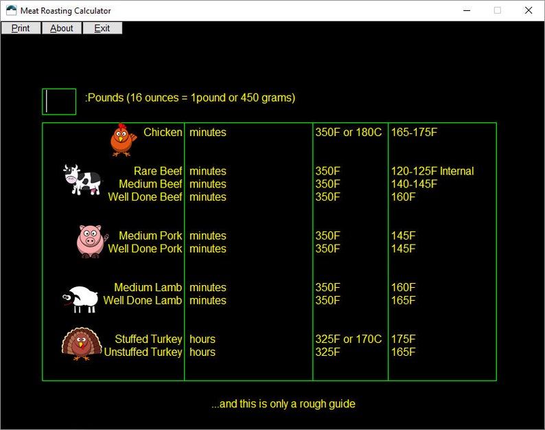 Meat Roasting Calculator Software Etsy