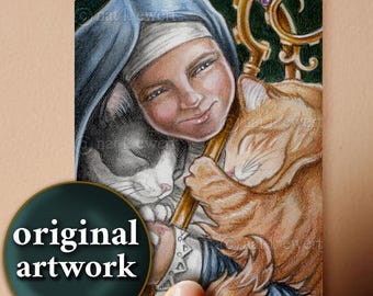 St Gertrude Originally Drawn Artwork/Cat Patron/Hand Drawn Art Work/Cuteness Art/Cute-giftful/Saintly Gifts/in spirational/Cat Gifte/Cutee