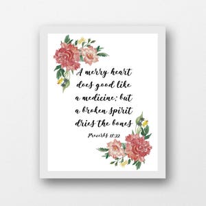 Spreuken 17:22, Een vrolijk hart doet goed als een medicijn, spreuken digitale download, Bijbelcitaat kalligrafie kunst, JPEG