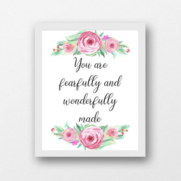 Fearfully and wonderfully made, Psalm 139:14, baby girl nursery Bible printables, Psalms artwork, Bible verse art, baby shower gift