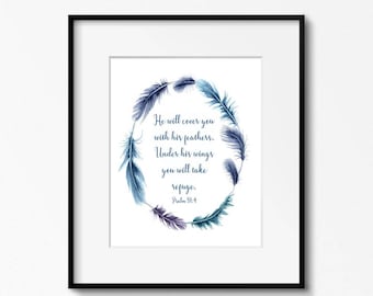 He will cover you with his feathers, Psalm 91:4, instant download, calligraphy verse art, Bible quote, scripture verse wall art, JPEG, PDF