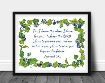 For I know the plans I have for you, Jeremiah 29:11, graduation gift, Christian encouragement Bible verse calligraphy scripture wall art