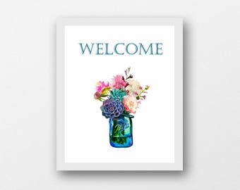 Welcome, instant download, welcome sign printable, succulent floral art, housewarming gift, printable wall art, welcome sign, mason jar art