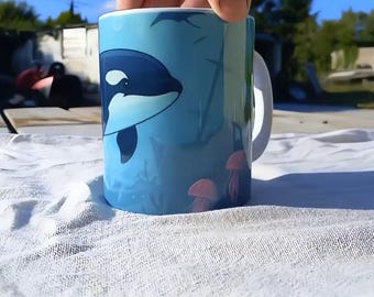 Tazza con orca, tazza da caffè con balena assassina, regalo per amanti dell'oceano, tazza in ceramica con vita marina, regalo per chi osserva le balene, ideale per tè o caffè.