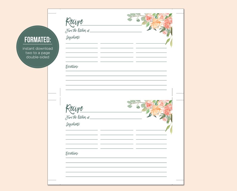 Recipe Card Printable 5x7 front and back Recipe Card Floral | Etsy