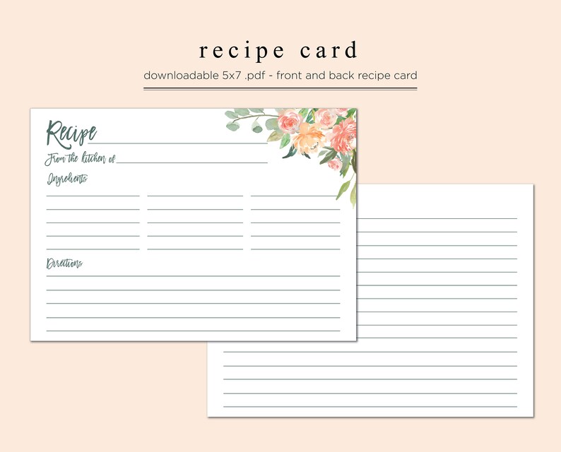 Recipe Card Printable 5x7 Front and Back Recipe Card Floral Etsy