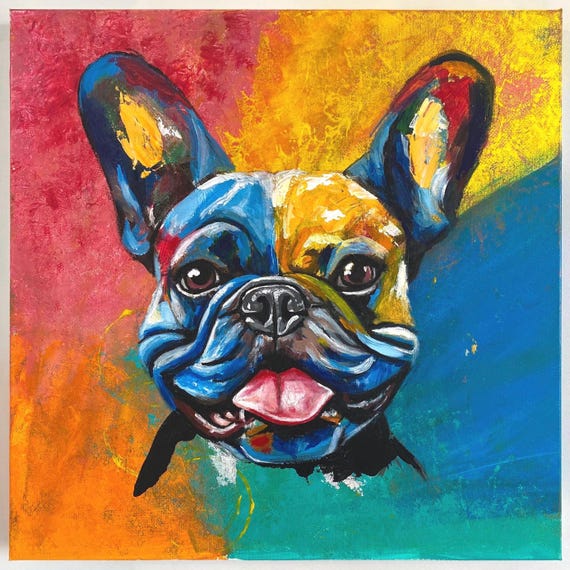 フレンチブルドッグのアクリル画、カラフルな犬の肖像画（20 x 20