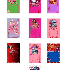 May include: A collection of Valentine's Day-themed digital cards featuring various cartoon characters. Each card has a unique design with text like "Be Mine" and "Happy Valentine's Day!" The cards have colorful backgrounds and decorative elements.