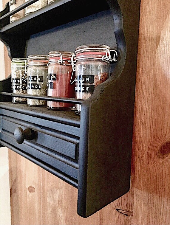 Vintage Wooden Spice Rack with Jars Bottle New Old Stock NOS Sealed Complete with Labels Wood Glass Kitschy Country Kitchen Gift Idea