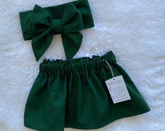 Green Skirt, Baby Skirt, Toddler Skirt, Baby Girl Outfit, Skirt, Bow Headwrap, Baby Headwrap, Hair Bow, Headwrap, Big Bow, Girl Skirt
