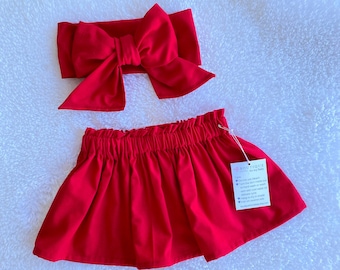 Falda roja, falda de bebé, falda para niños pequeños, traje de niña, falda, cabeza de lazo, cabeza de bebé, lazo de pelo, arco grande, juego de falda, headwrap rojo