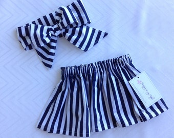 Baby Skirt, Toddler Skirt, Baby Girl Outfit, Skirt, Bow Headwrap, Sailor bow, Baby Headwrap, Headwrap, Girl Skirt, Navy blue & white skirt